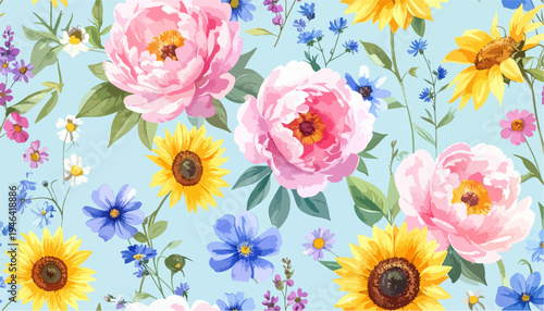 Seamless pattern with watercolor peonies sunflowers and wildflowers on a light blue background