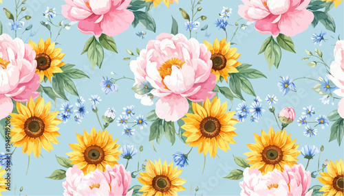 Seamless floral pattern with pink peonies and yellow sunflowers on a light blue background watercolor style