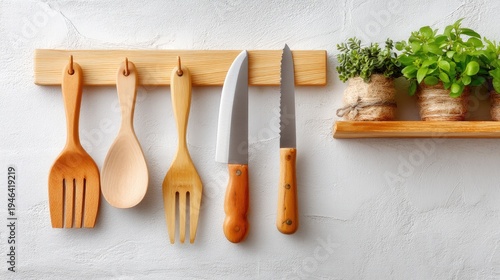 Wooden Utensils, Knives, and Fresh Herbs Decorate a Modern Kitchen Wall with Textured Gray Background
