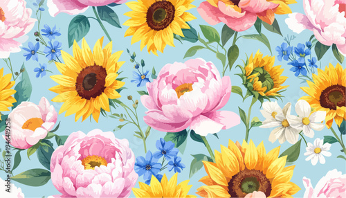 Beautiful Watercolor Floral Pattern with Sunflowers Peonies and Blue Flowers on Light Blue Background