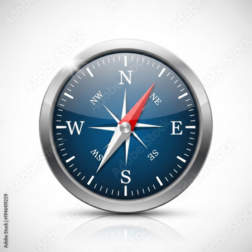 A silver and blue compass with red needle
