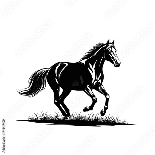 Black horse running on grass