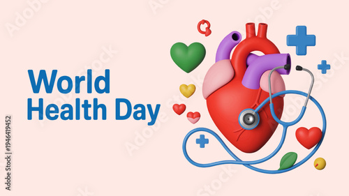 World health day concept with a stethoscope around a red heart surrounded by medical symbols on a soft pink background