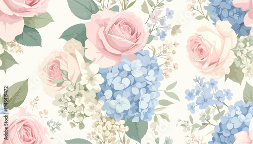 Soft Pink Roses and Blue Hydrangeas Floral Pattern Seamless Vintage Botanical Illustration Background