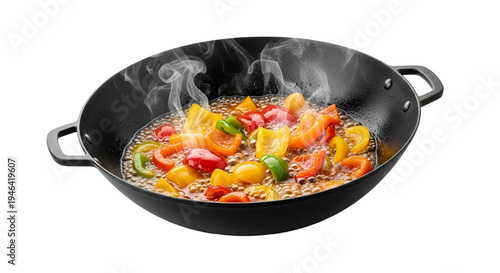 Vibrant bell peppers simmering in a steaming wok. This colorful medley cooks in a dark pan, promising a flavorful and aromatic meal for healthy,
