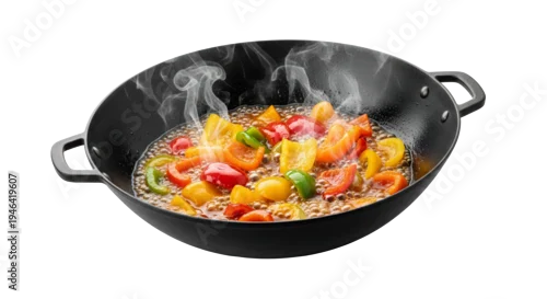 Fototapeta Vibrant bell peppers simmering in a steaming wok. This colorful medley cooks in a dark pan, promising a flavorful and aromatic meal for healthy,