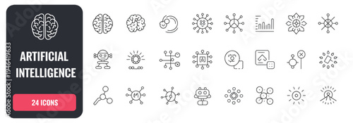 Set of 24 Artificial Intelligence Line Icons Vector Collection for AI Technology, Machine Learning, and Data Science Concepts
