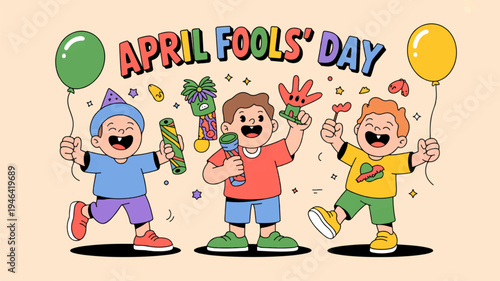 Happy children celebrating april fools' day with colorful balloons and confetti on a light background