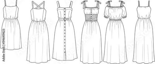 CAD drawing flat vector illustration of women’s dresses fashion design template, sleeveless, belted, smocked, puff sleeve, tie-strap styles