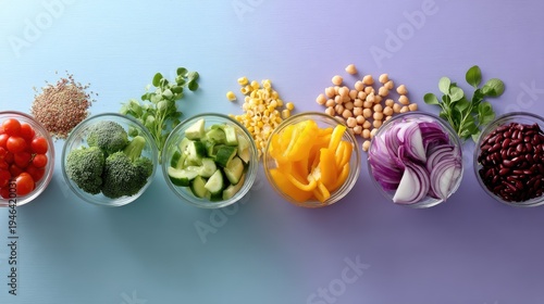 Freshly Cut Colorful Vegetables and Legumes in Bowls on a Purple Background for Healthy Cooking and Nutrition