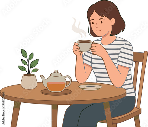 Woman sitting at a table enjoying a cup of tea with a plant nearby indoors.