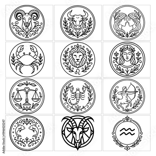Comprehensive Minimalist Zodiac Sign Vector Set
