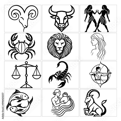 Comprehensive Black and White Zodiac Vector Collection