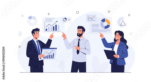 Business team presenting financial data with charts and graphs on screens