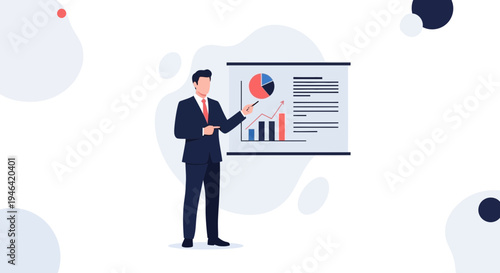 Businessman presenting financial report with charts on a whiteboard, business meeting concept