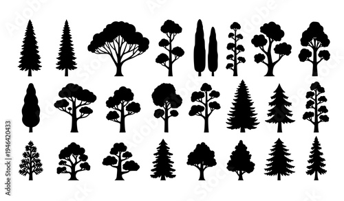 Minimalist tree silhouette collection with 30 unique evergreen and deciduous forest trees vector