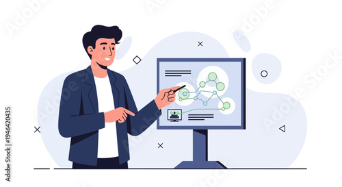 Man presenting a network diagram on a monitor, business presentation concept
