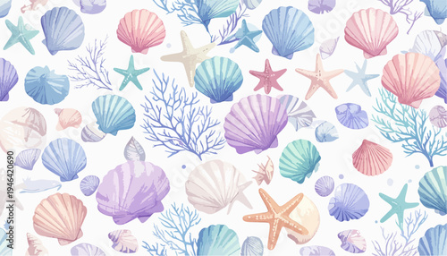 Watercolor Seamless Pattern of Seashells Starfish and Coral in Soft Pastel Colors for Beach Theme