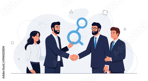 Business partners shaking hands, agreement, teamwork, success, modern office illustration