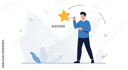 Man celebrating success with a golden star and the word 'SUCCESS'
