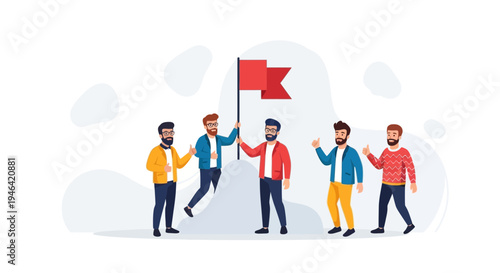 Teamwork success: Diverse men planting flag on mountain peak, celebrating achievement