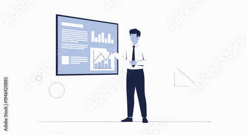 Man presenting financial data on a digital screen with charts and graphs