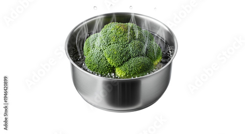 Vibrant green broccoli florets gently simmer in a shimmering silver pot, rising steam indicating a healthy cooking process, isolated for culinary