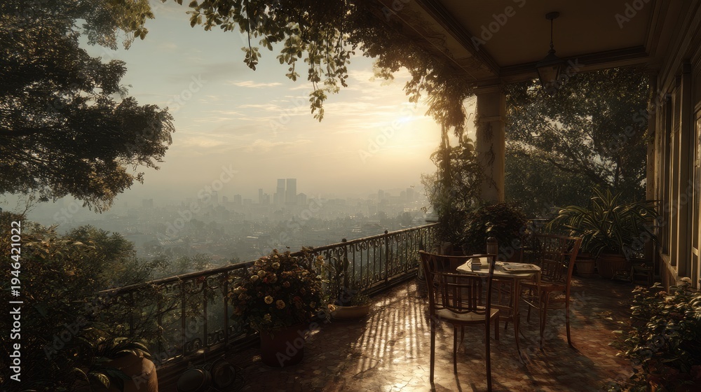 Fototapeta premium Serene Morning View from Balcony Overlooking Cityscape at Dawn with Lush Greenery and Warm Sunlight Illuminating the Scene
