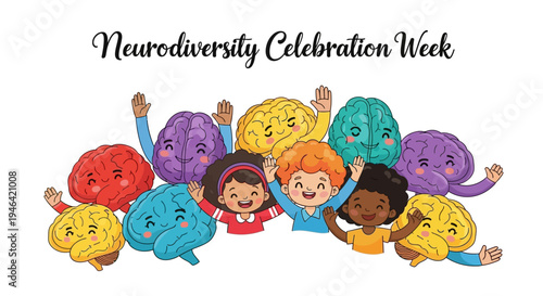 Children with different skin tones and abilities celebrate Neurodiversity Celebration Week with colorful illustrations.
