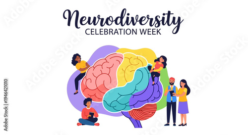 Illustration of people celebrating Neurodiversity Celebration Week with a colorful brain graphic.