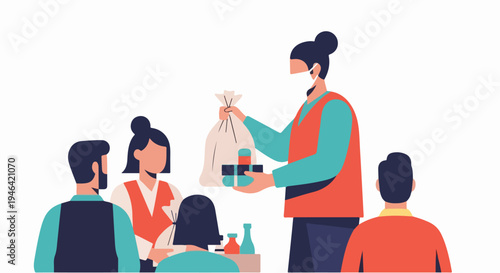 Volunteers Distributing Food Bags and Supplies to People in Need During a Charity Event