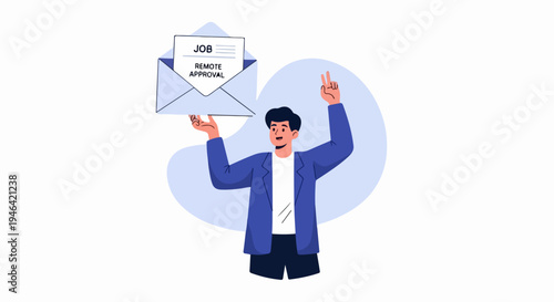 Man holding an envelope with job remote approval letter and showing victory sign successful remote work concept
