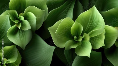 Lush Green Leaves and Flowers in Dynamic Composition Against Dark Background for Nature and Botanical Theme