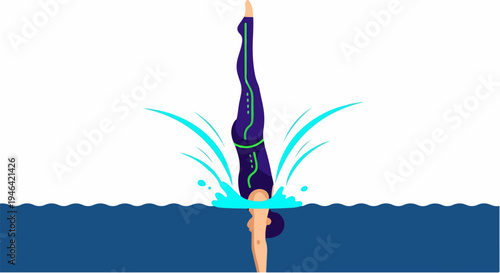 Synchronized Swimming Athlete Performing Handstand Dive into Water with Splash and Ripples