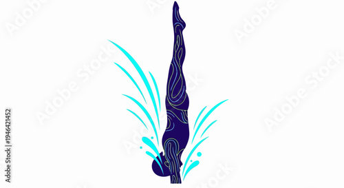 Diver Performing a Handstand Dive into Water with Blue Splash and Swirls Artistic Silhouette