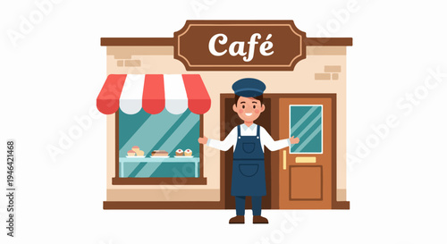 Friendly cafe owner welcomes customers with open arms in front of a charming bakery shop facade