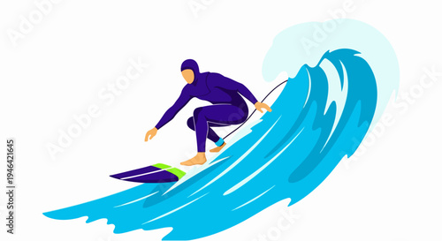 Surfer riding a blue wave in a purple wetsuit on a surfboard with green accents dynamic action illustration