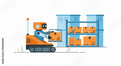 Automated warehouse robot carrying a box to a shelf with other boxes in a modern logistics facility