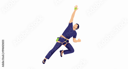 Active person climbing upwards reaching for a hold with a harness and chalk bag on white background