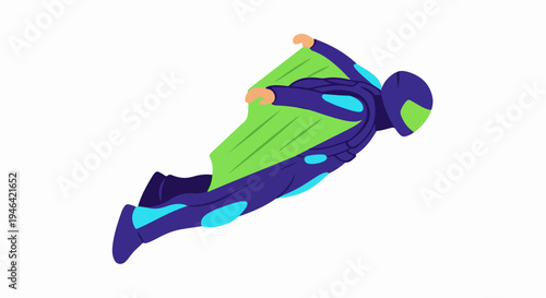 Person in a wingsuit flying with a green wing suit and blue accents on a white background