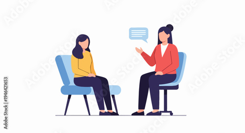 Two women sitting in chairs talking with speech bubble illustration symbolizing communication and conversation