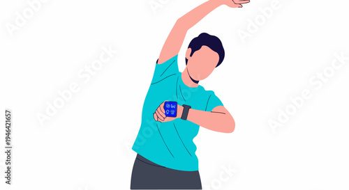 Man Stretching Arm and Checking Smartwatch Fitness Tracker During Workout Session Healthy Lifestyle Concept