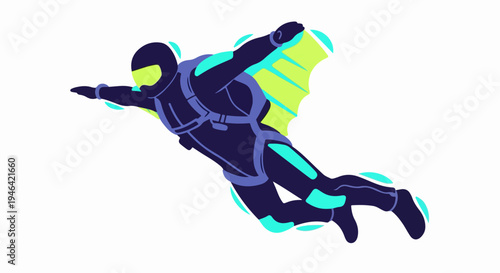 Skydiver in a wingsuit flying through the air with neon accents and a white background