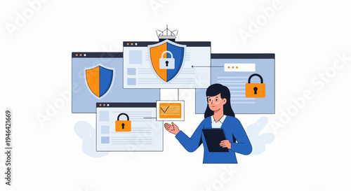 Cybersecurity concept illustration with woman presenting digital security shields and locked data protection screens
