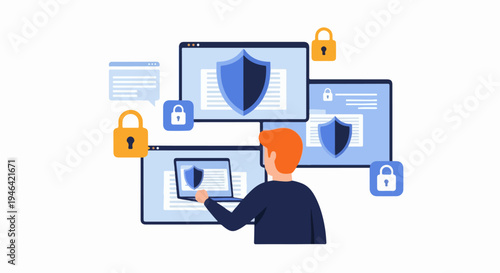 Cybersecurity concept with person interacting with digital screens showing shields and locks for data protection