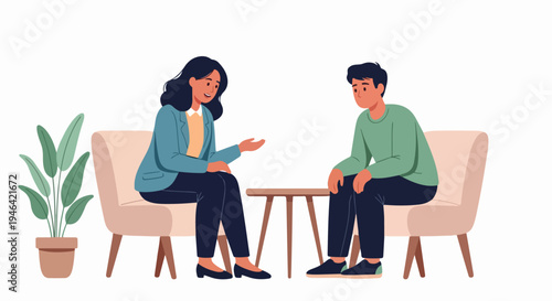 Psychologist or therapist counseling a patient in a comfortable office setting with a plant and modern furniture