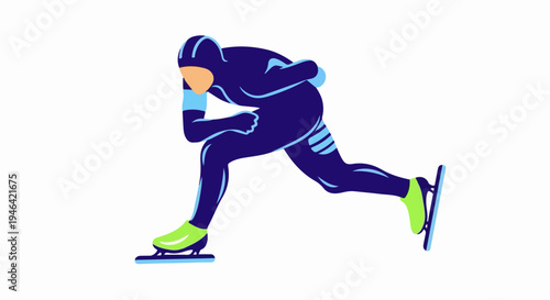 Speed skater in aerodynamic suit and helmet racing on ice with neon green skates