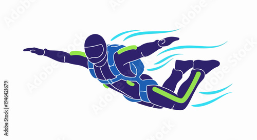 Skydiver in a blue and green suit freefalling with wind streaks symbolizing speed and adventure