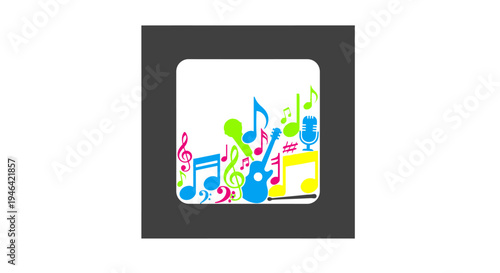 Colorful music notes in frame.