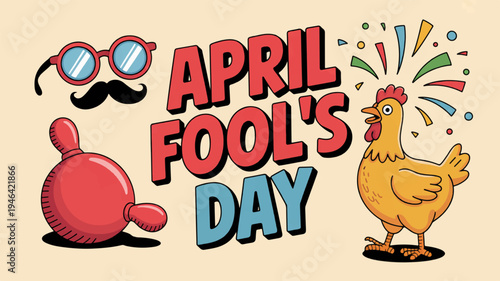 Colorful april fool's day graphic with chicken balloon mustache and glasses on beige background